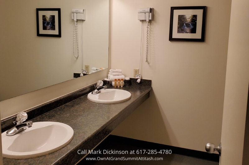 a bathroom with two sinks and a mirror