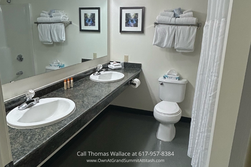 This image shows a clean and well-lit bathroom with a long countertop featuring two sinks, a large mirror, a set of amenities, and neatly folded towels on a towel rack. A toilet is positioned beside the counter, and a shower curtain is partially visible on the left.