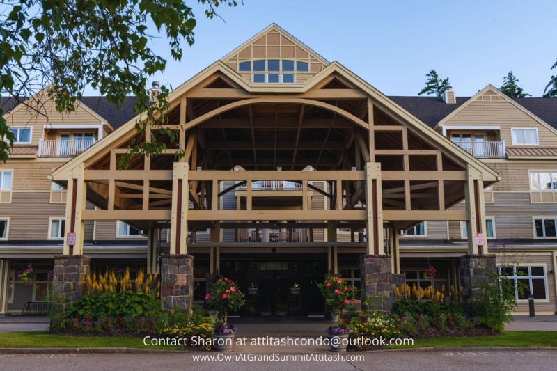 A modern, multi-story hotel building featuring a large, covered entrance with a wooden framework. Colorful flowers and potted plants decorate the front area, adding a touch of nature to the scene. The sky is clear, indicating pleasant weather.