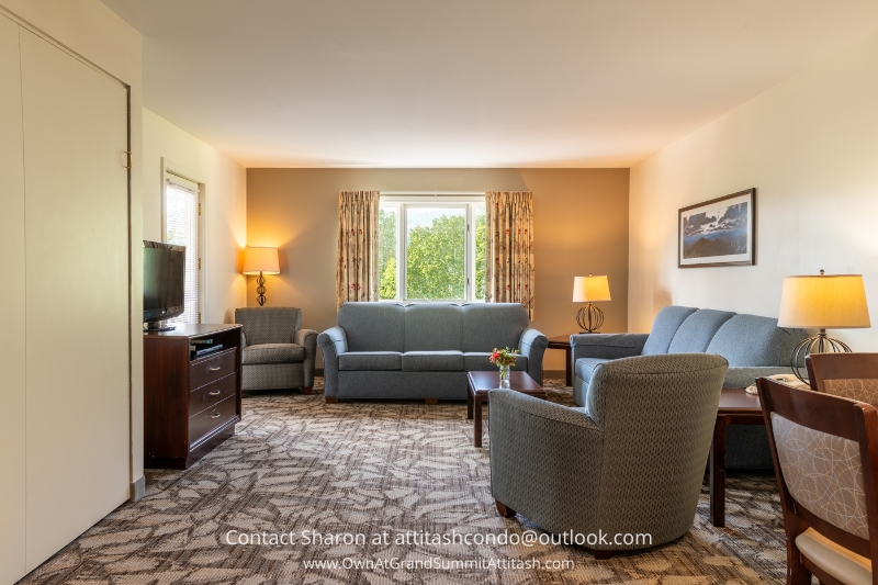 A cozy, well-lit living room with a carpeted floor features two matching gray armchairs, a gray sofa, and a wooden coffee table. The room has a TV on a stand, two lamps, a window with floral curtains, and a framed picture on the wall.