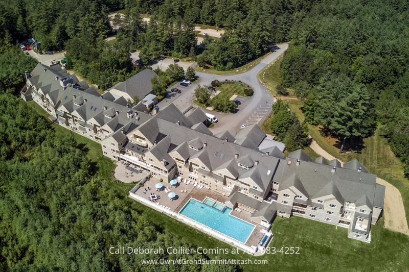 Aerial view of Unit 337 Interval 4 at Grand Summit Hotel in Bartlett, NH, showcasing the sprawling resort with its scenic forest surroundings and outdoor pool.